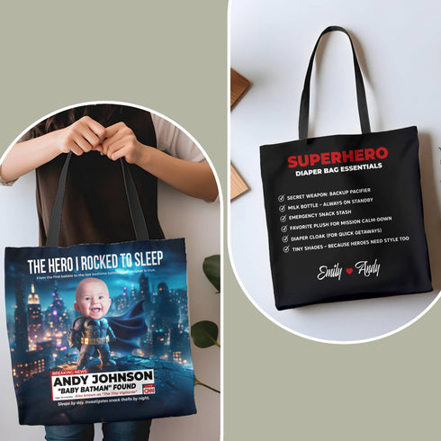 Personalized Superhero Baby Tote Bag – Baby Batman Design with Custom Photo & Quote